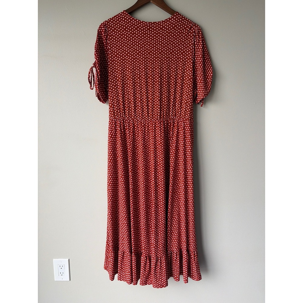 Torrid Rust Red Polka Dot Faux Wrap Midi Dress Puff Sleeve Ruffle Hem Size 2 - Picture 3 of 8